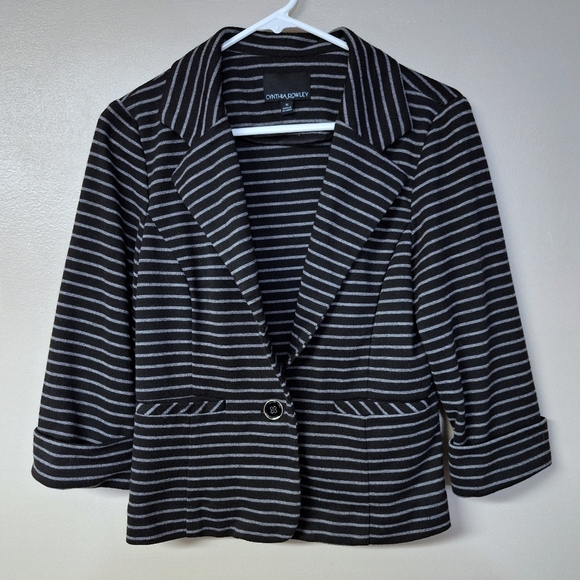 Cynthia Rowley Black Gray Stripe Office Work One Button Blazer Folded Longsleeve - Picture 1 of 9